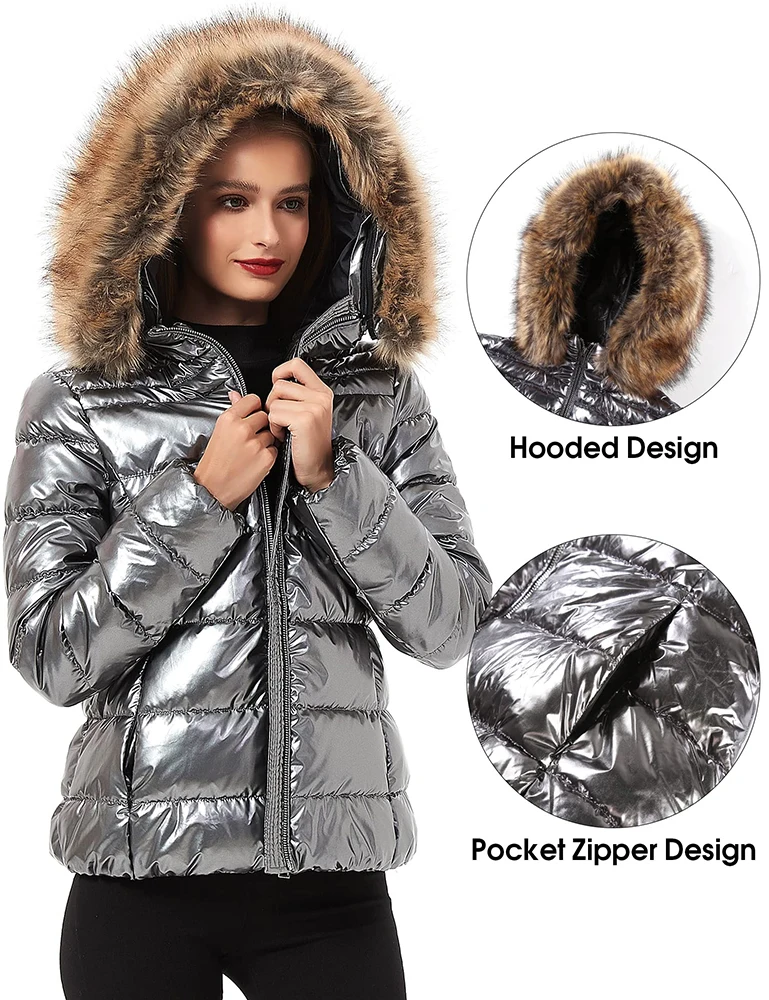 Giolshon Women Quilted Lightweight Puffer Coat Warm Fur Collar Hooded Jacket Female Shiny Patent Parkas Down Coats Outerwear