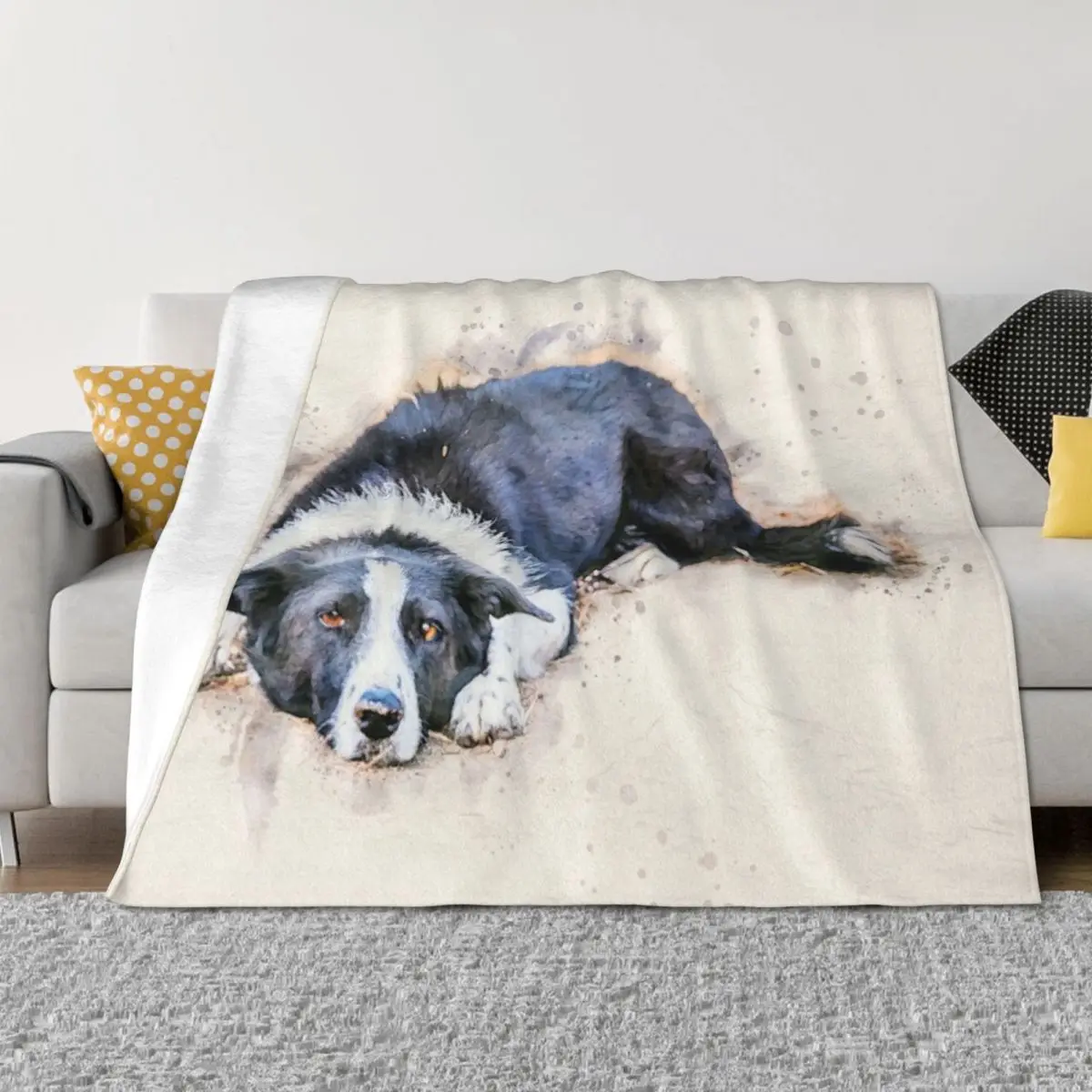 

Cute Border Collie Lying on Ground Watercolor Throw Blanket Summer Beddings Sofa Beach Soft Plush Plaid Blankets