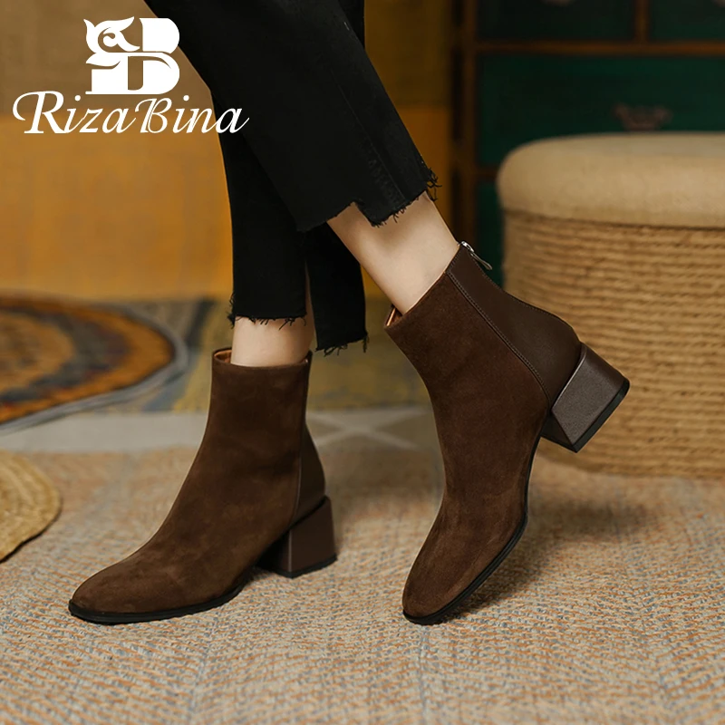 

RIZABINA 2023 Women Ankle Boots Real Leather High Heels Winter Shoes For Woman's Short Boot Office Lady Footwear Size 33-40