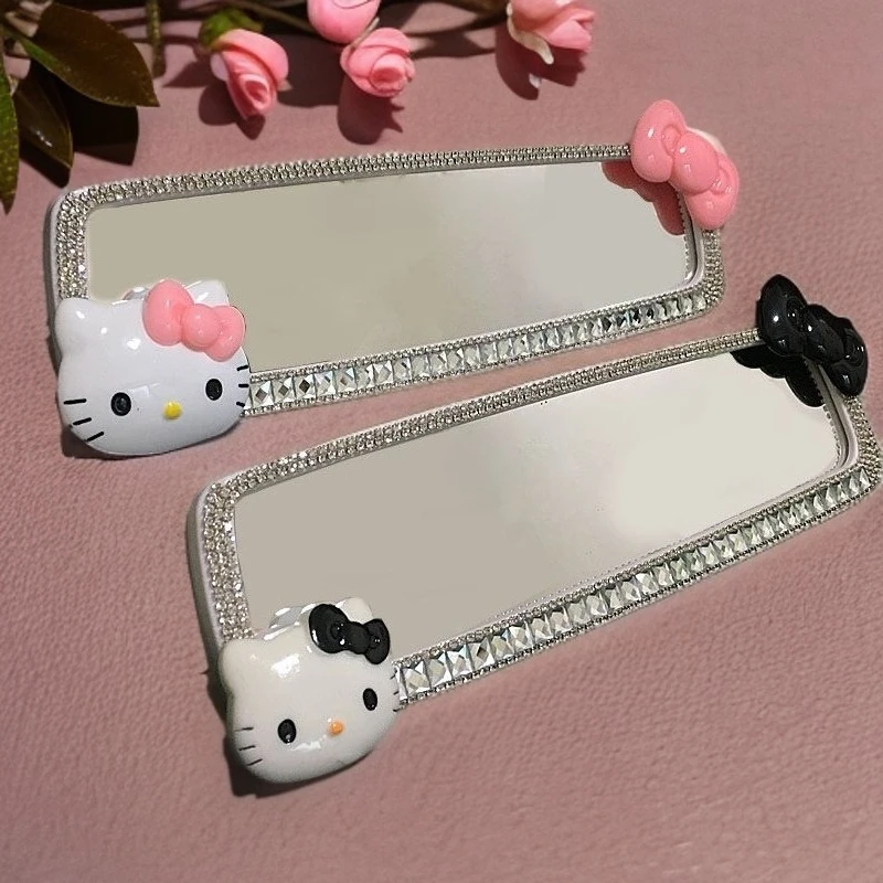 Car Rearview Mirror Hello Kitty DIY Fashion Handmade Diamond Interior Mirror Trend Decorative Atmosphere Girls’ Favorite Gift