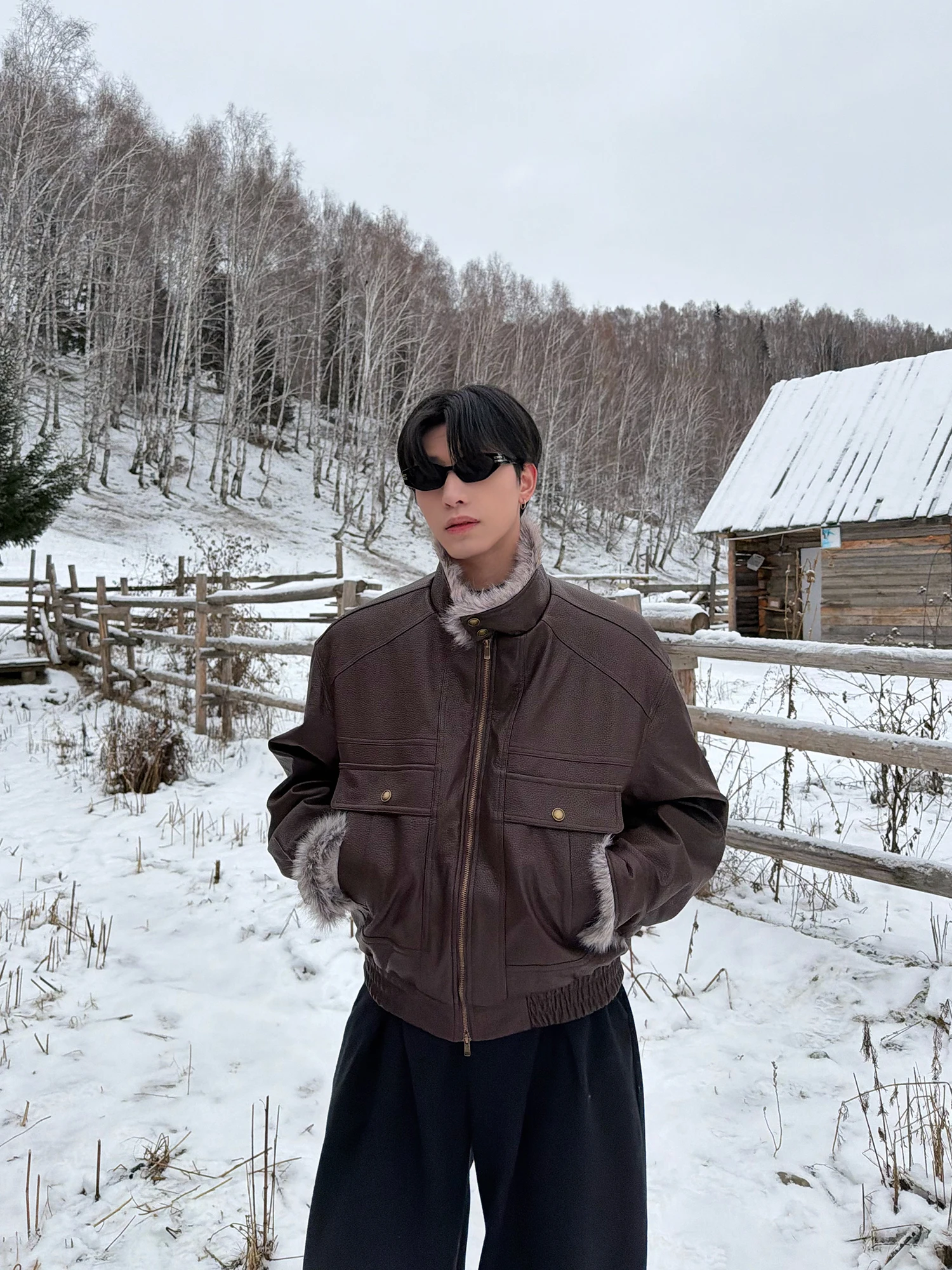 

ONELYCNS Мужское пальто из искусственной кожи в американском стиле ретро с воротником-стойкой и воротником-стойкой, теплое повседневное длинное пальто на молнии све