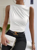 2025 Solid  Fashion Casual Mock Neck Ruched Tank Top for Women Summer Color Pleated Sleeveless Tee Shirt Tshirt Streetwear Y2K