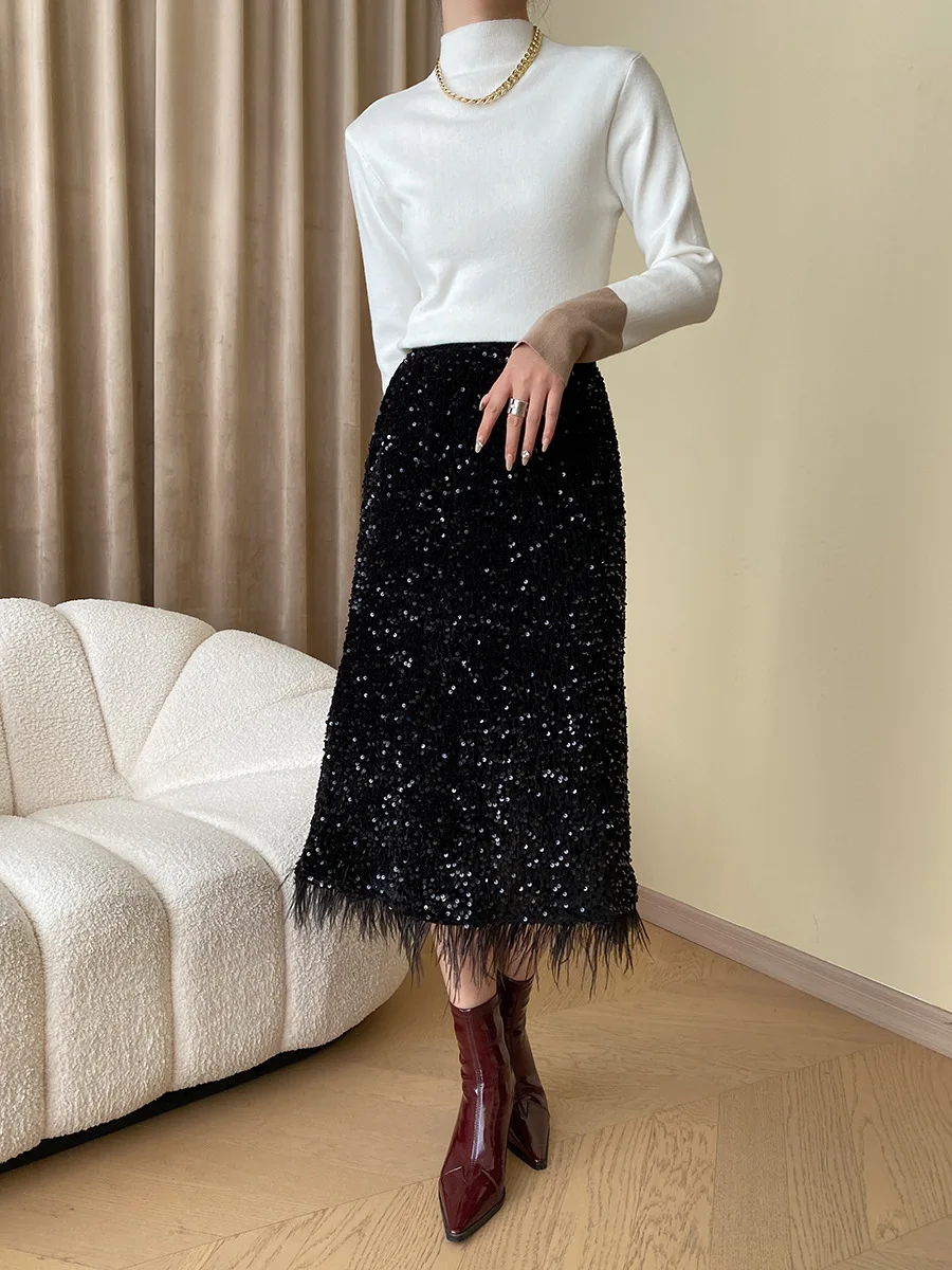 Women's Sexy Sequins Beading Long Skirts High Waist Elegant Black Party Skirt Femme Faldas Jupe Saia Women Bodycon Skirt