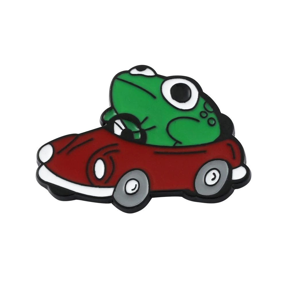 Cute Frog Driving Red Car Enamel Pin, Funny Cartoon Animal Lapel Brooch Badge, Backpack Clothing Decor Jewelry Gift