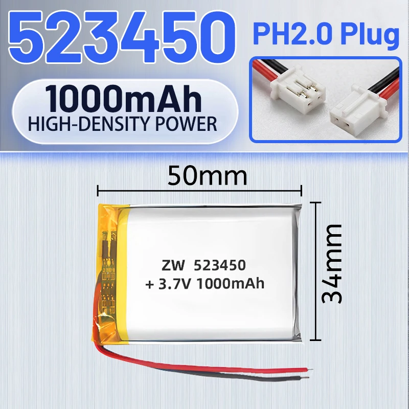 Pack of 10 Rechargeable 3.7V 1000mAh Lithium Polymer Batteries, Model 503450 / 523450, Equipped with JST PH2.0‑2P Plug, Compatib