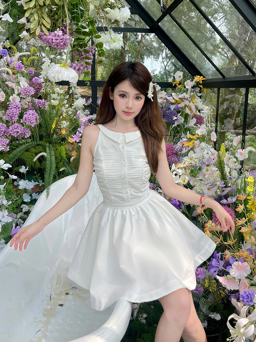 REDDACHiC Revers Turkse Witte Jurk voor Vrouwen Mouwloze Stitch Kant Plooien Shirt Jurk Bruiloft Gast Afstuderen Zomerkleding