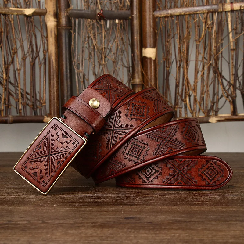 3.8CM Men's Handmade Retro Laser Engraved Patterned Buckle Genuine Leather Belt Male Luxury Design Smooth Buckle Cowhide Belts