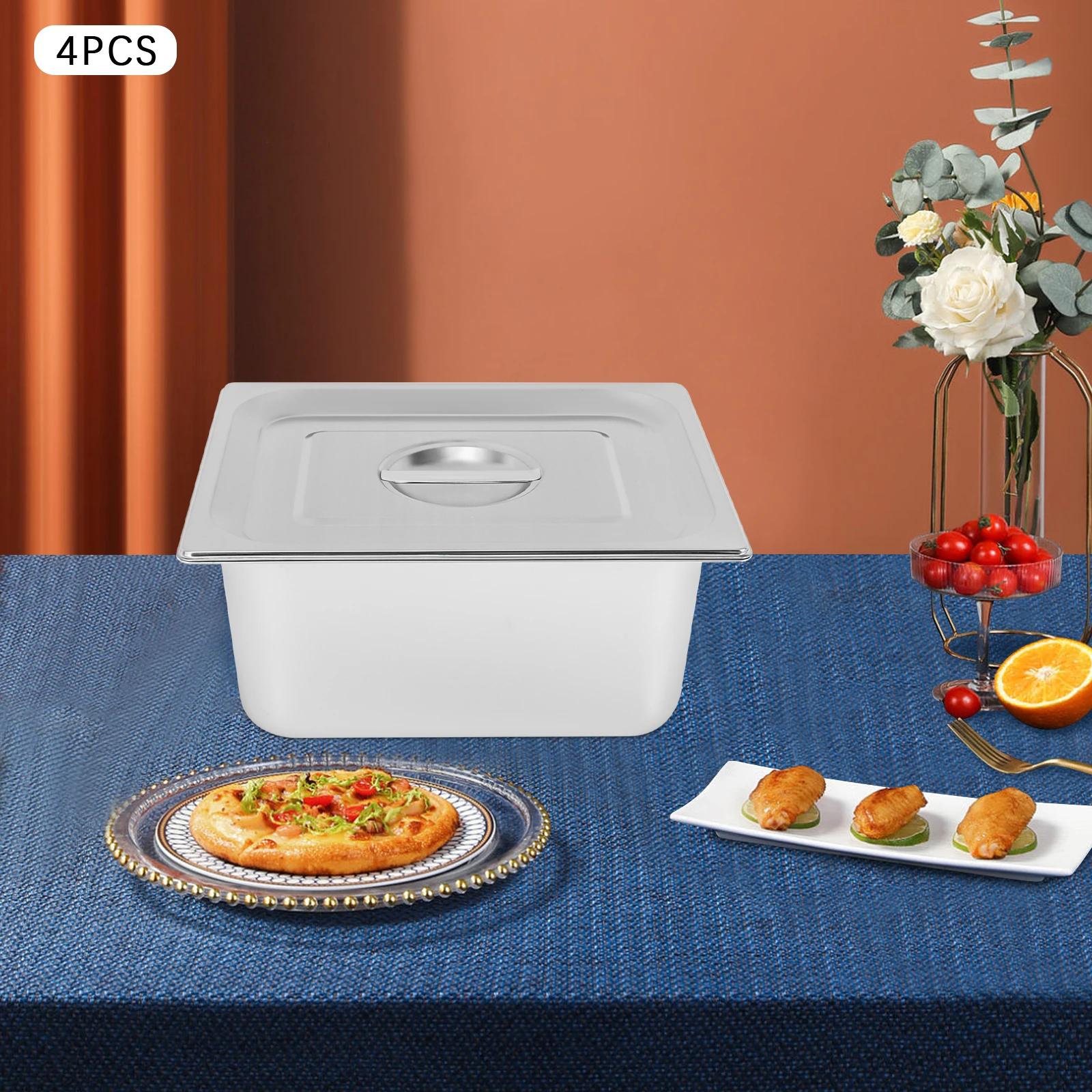 

4Pcs Stainless Steel Hotel Pans, Steam Table Pans with Lids, 32.5x26.5x15cm, for Buffet Catering Restaurant, Half Size 6 Inch