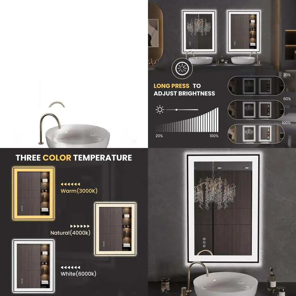 

Светодиодное зеркало для ванной комнаты в черной рамке 24 x 36, с защитой от запотевания, регулируемой яркостью и закаленным стеклом