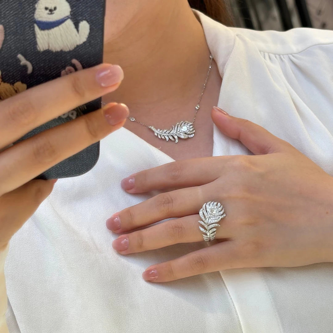 

925 sterling silver gold-plated women's full diamond feather ring feather necklace