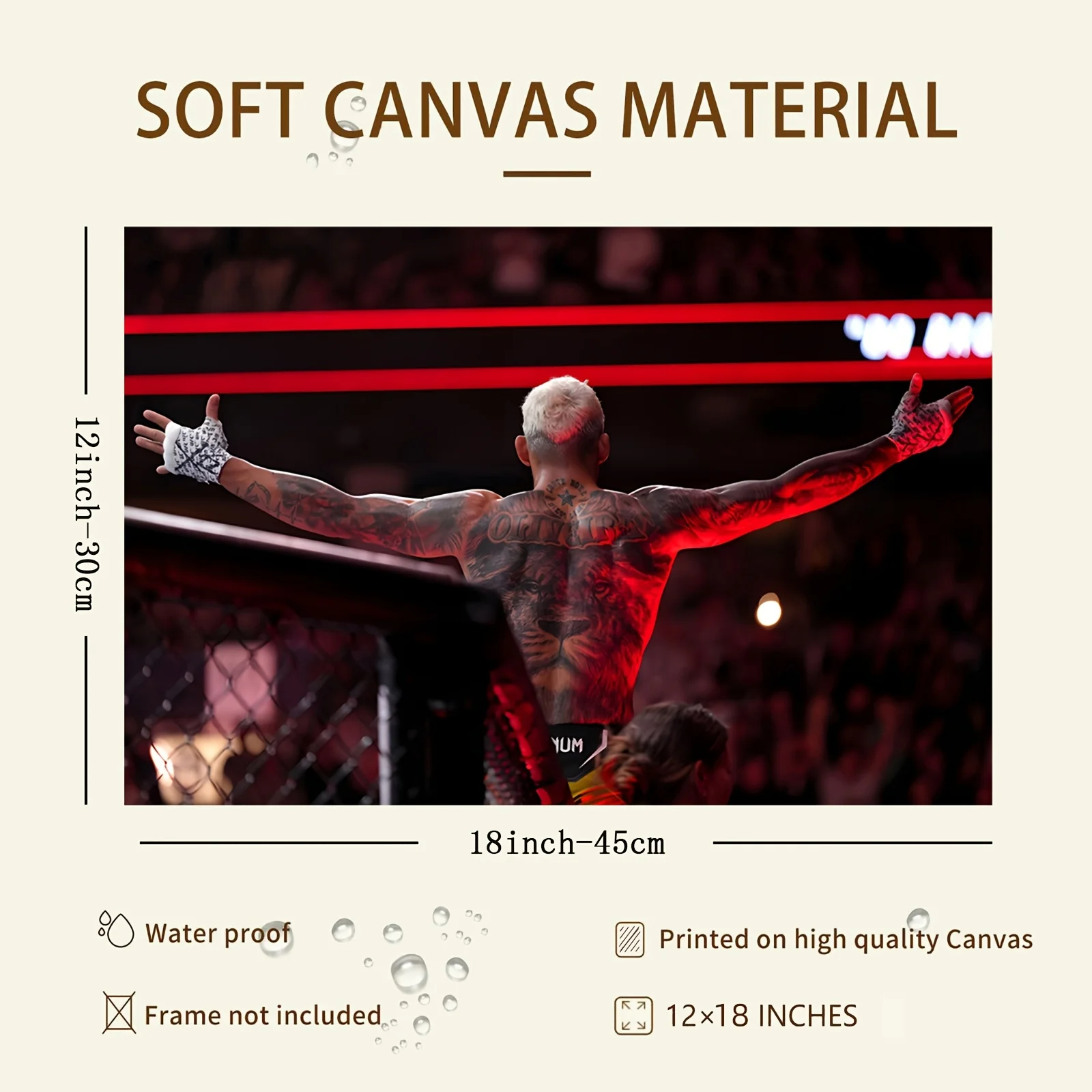 Dynamic MMA and Boxing Star Canvas Wall Art, Frameless 18x12 Inch - Vibrant Oct cage Scene with Celebratory Wrestler, Ideal for