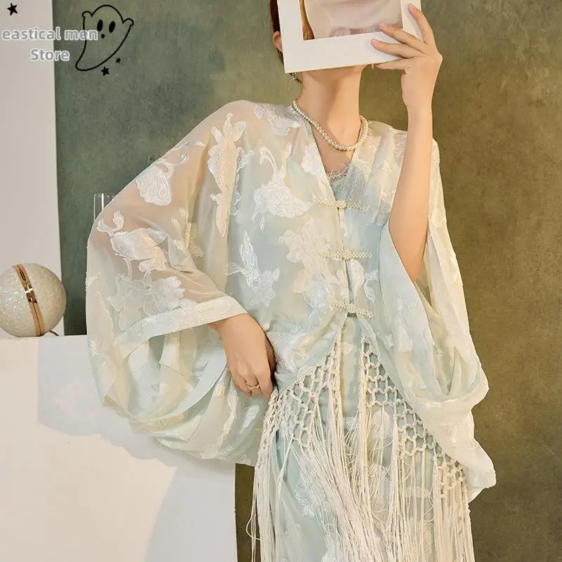 

New Chinese Style Cardigan Sling Dress Women Fashion Qipao Fairy Princess Hanfu Costume Tassel Chesongam Coat Luxury Costume