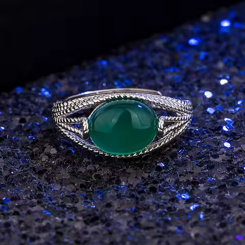 WOSIKATE Vintage Green Agate Fashion Ring For Women 925 Sterling Silver Jewellery Open Size Finger Ring