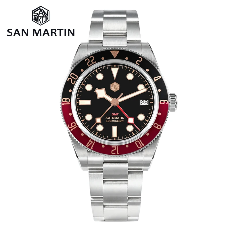 San Martin 39mm Rose Gold Classic Retro Mens Watch Luxury Sapphire NH34 GMT Automatic Mechanical 3H Date Waterproof 100m SN0109