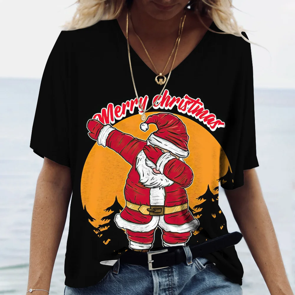 Fashions Merry Christmas Womens Short Sleeved V-Neckt-Shirt Christmas Tree Santa Claus Letter Print Womens Clothing Cute Kawaii