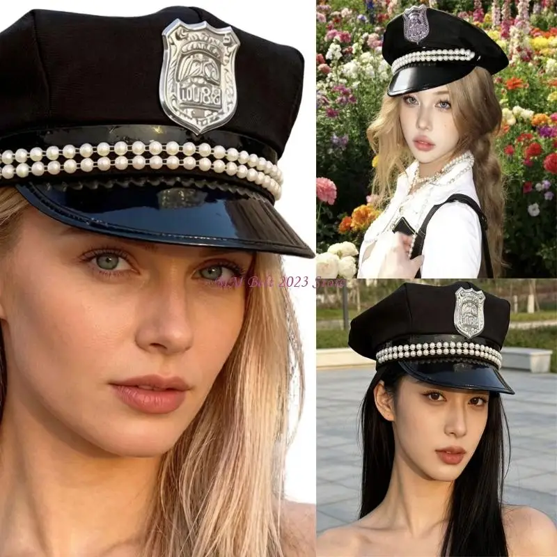 49ME Elegant Black Top Cap Long Brims Marine Hat For Music Festival Cosplay Props
