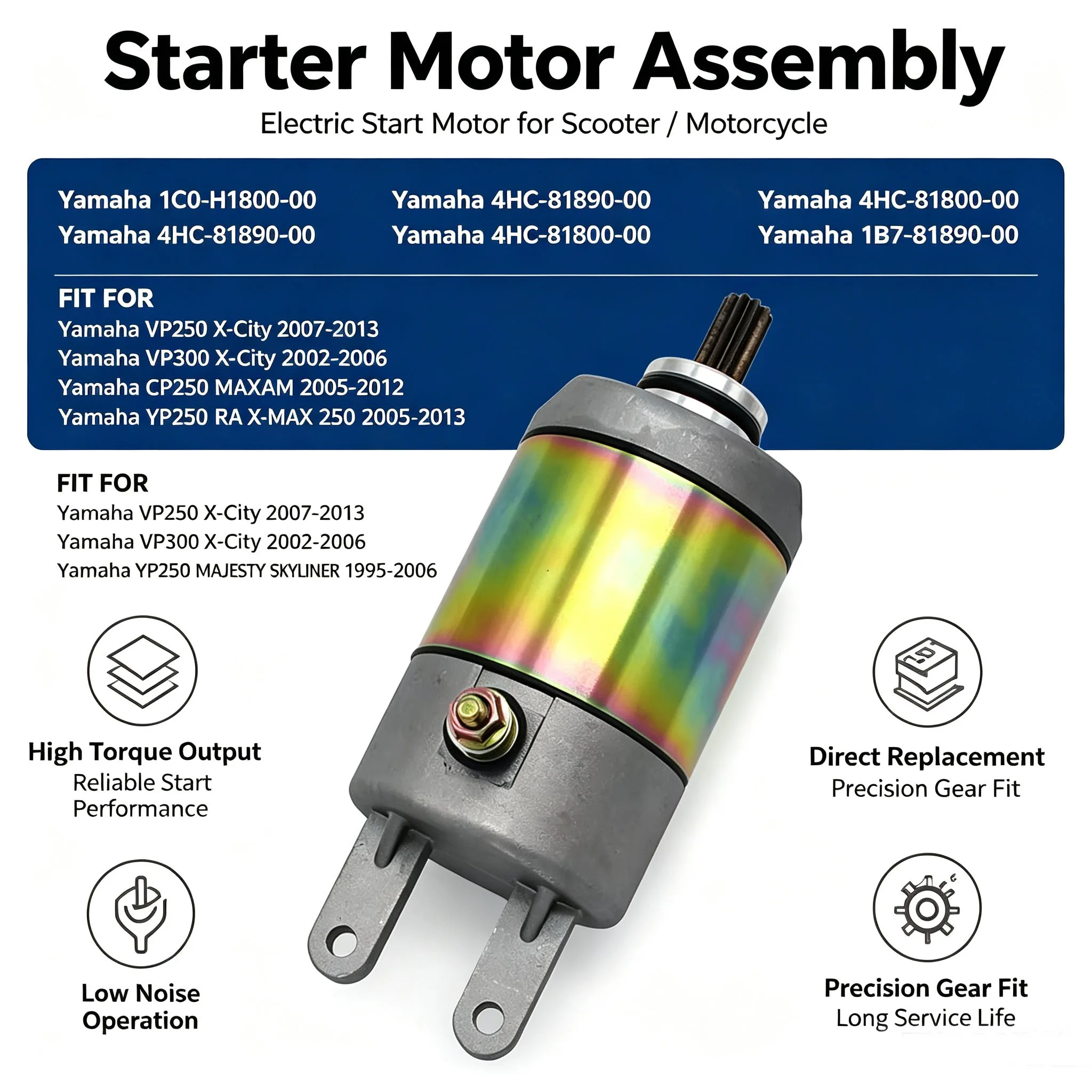 For Yamaha VP250 VP300 CP250 YP250 R RA YP400 YP400R 1B7-81890-00 1C0-H1800-00 4HC-81890-00 Motorcycle Starter Motor Starting
