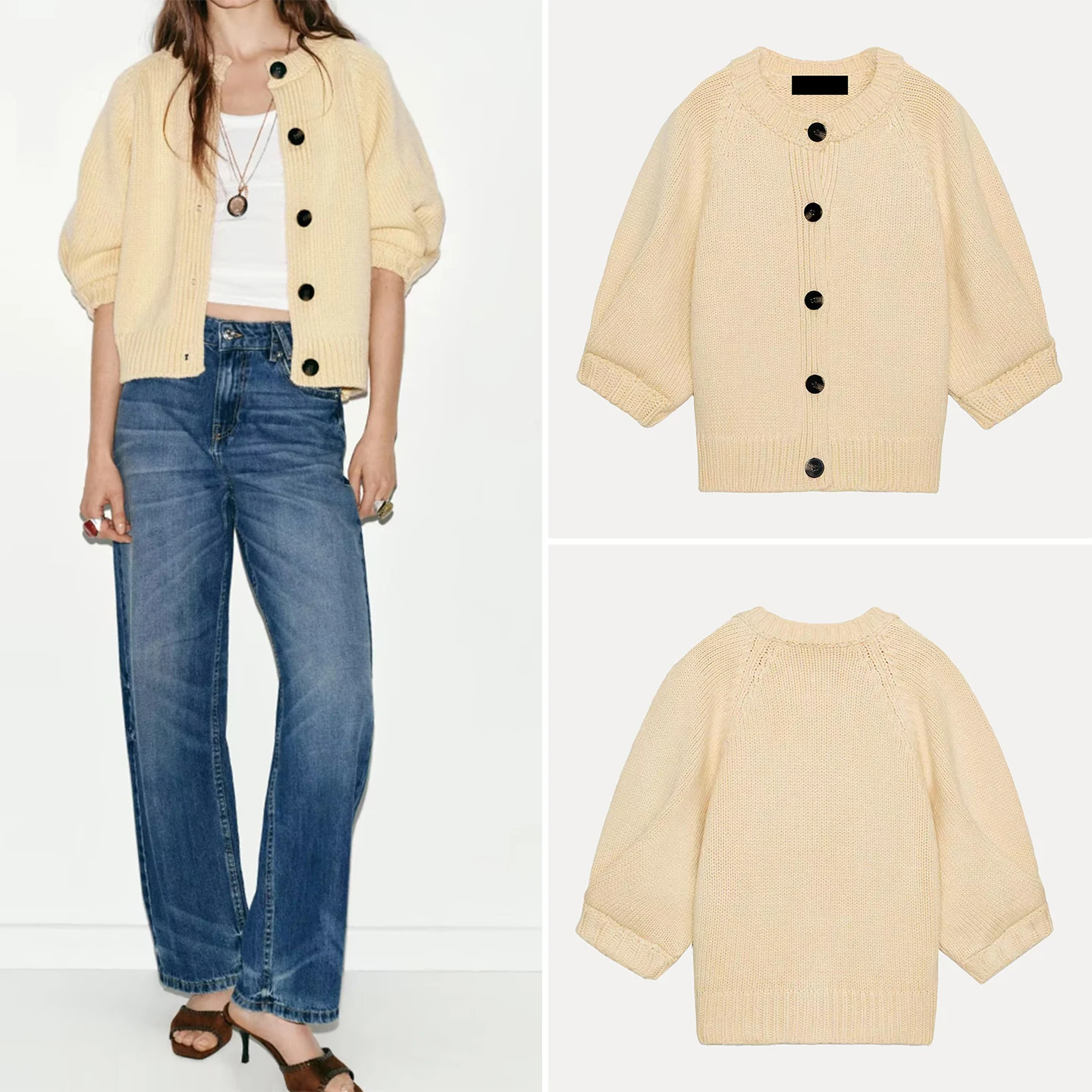 

Fashionable Knitted Bubble Sleeve round Neck Outerwear Women's Spring 2026 ZADATA Loose Fit Short Length Open Cardigan