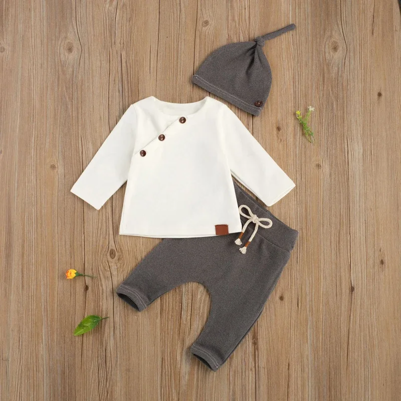 Lioraitiin 0-18M Newborn Baby Girl Autumn 3pcs Clothes, Lace-up Pants Suit, Long Sleeve Blouse, Round Hat