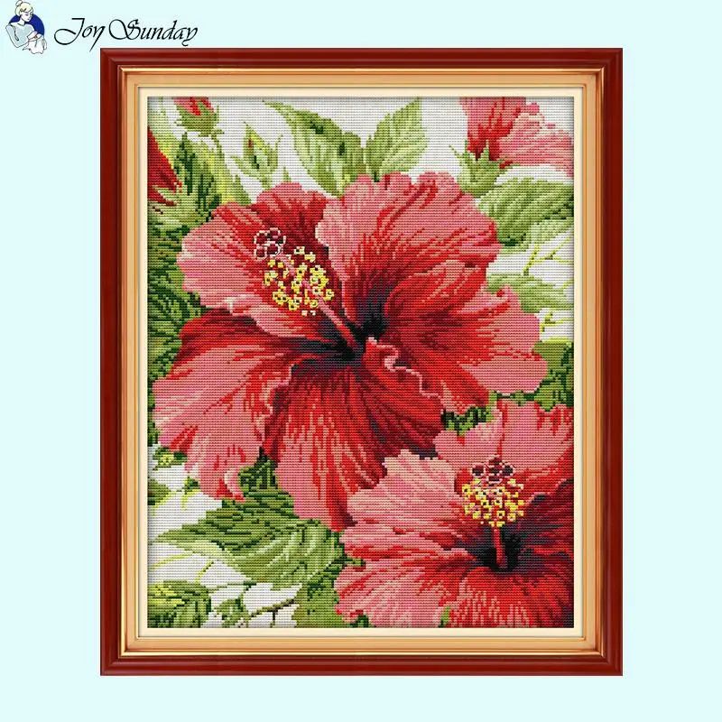 Joy Sunday Floral Cross Stitch Kits Red Hibiscus Aida 14CT 16CT 11CT White Printed Fabric DMC Thread Embroidery DIY Home Decor