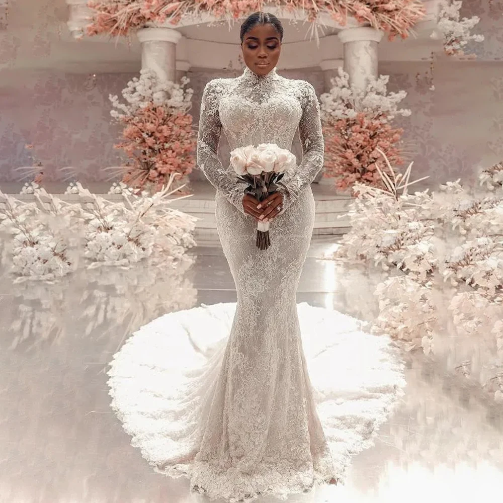 African Mermaid Wedding Dresses High Neck Long Sleeve Mermaid Bride Dress Luxury Lace Bridal Gown Vestido De Novia Customized