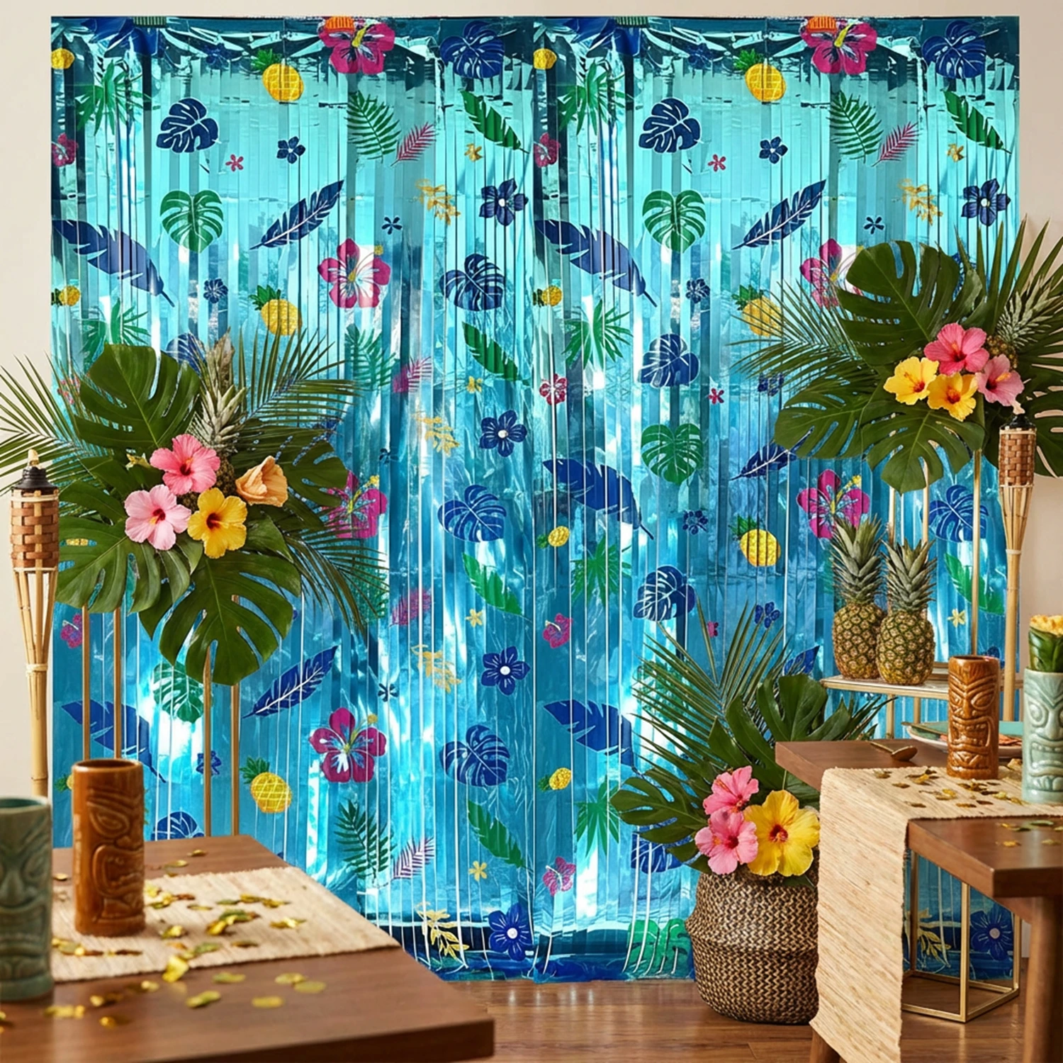 Cortinas de Franjas Metalizadas com Estampa de Abacaxi Havaiano, Adereço para Cabine de Fotos, Cenário e Fitas Decorativas para Decoração de Festa de Aniversário Infantil com Tema de Desenho Animado
