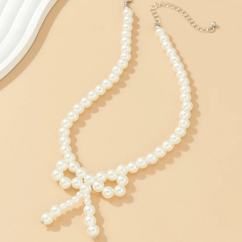 Trend Wedding Party Jewelry Pearl Big Bow Pendant Choker Necklace For Women Elegant White Imitation Pearl Chain Necklaces X0219