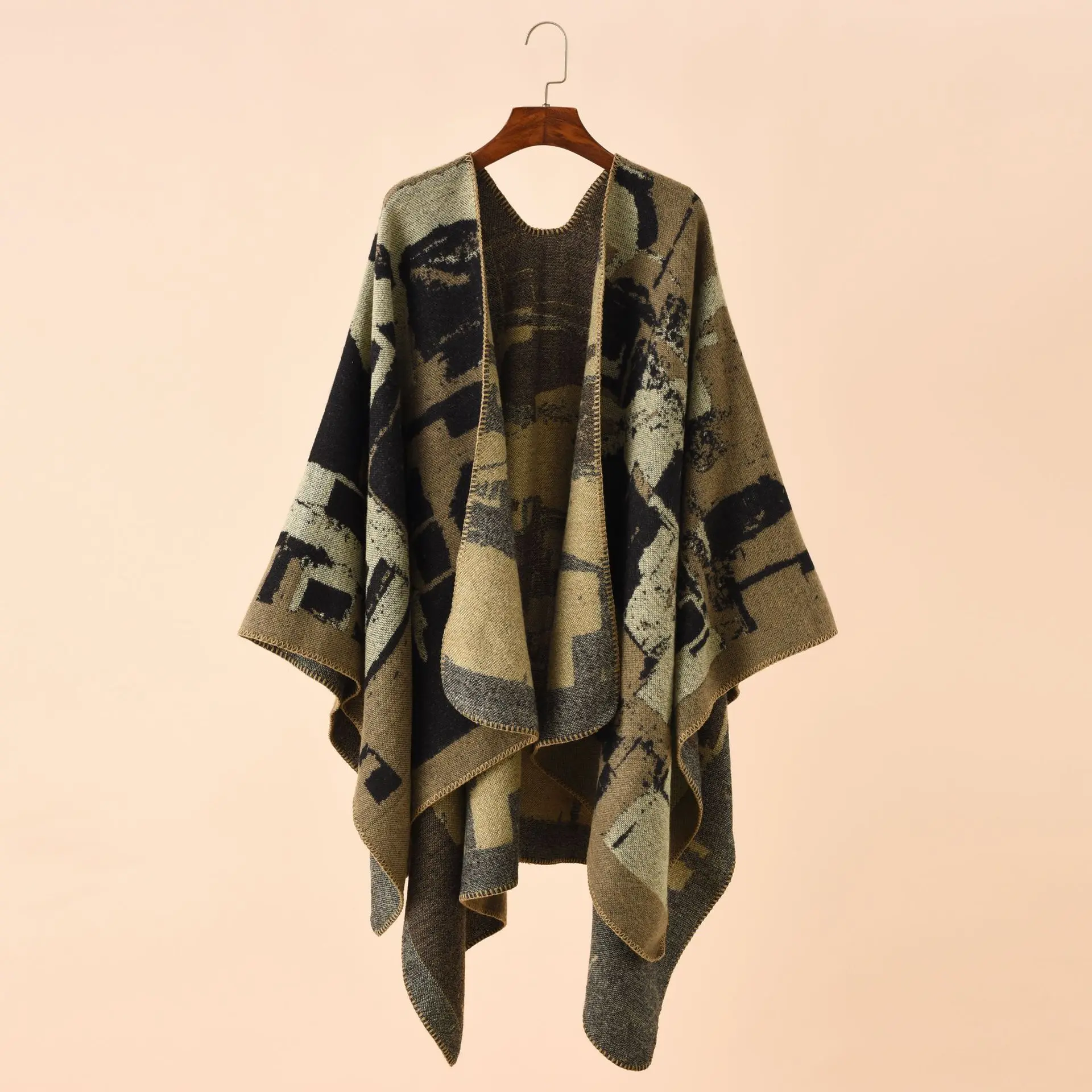 

2022 Autumn Winter Irregular Geometric Lattice Pattern Imitation Cashmere Shawl Air Conditioning Room Cloak Poncho Capes Khaki