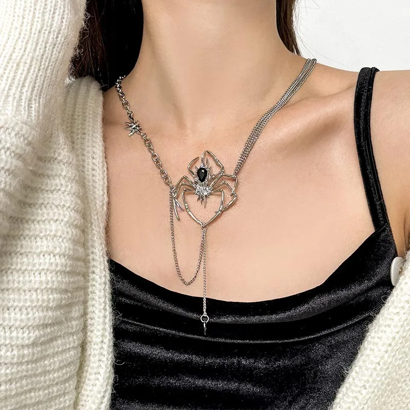 Silver Color Black Crystal Tassel Hanging Spider Pendant Layered Chain Necklace for Women Goth Halloween Y2K Jewelry Streetwear