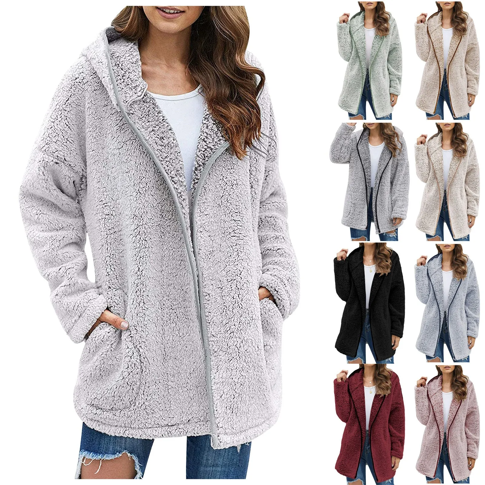 Women\'s Fashion Fall Winter Thick Plush Long Sleeve Pocket Jacket Top