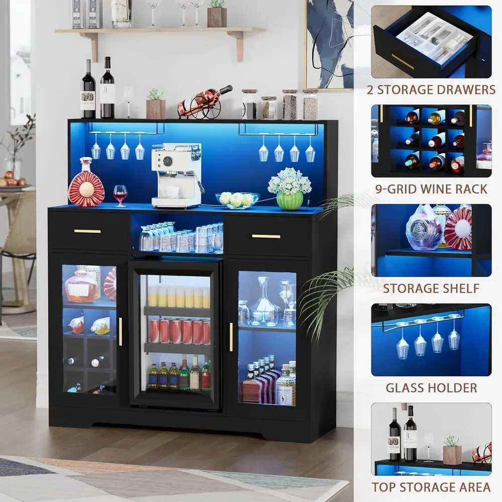 Compact Refrigerator Cabinet with Storage, LED-Lit Wine Bar, and Power Outlet for Home Coffee Bars and Modern Buffets