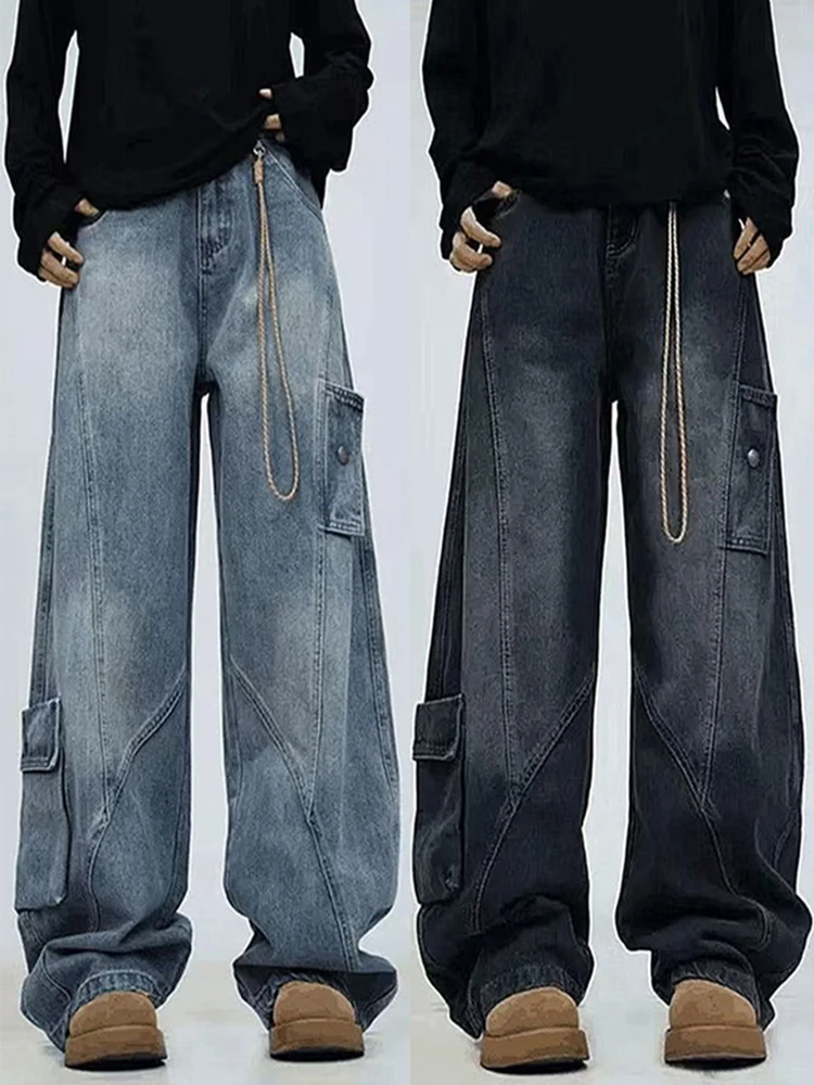 

Мужские джинсы American High Street с широкими штанинами, осенне-зимние, в стиле Vibe, с дизайнерскими элементами, многокарманные, рабочие брюки, модель Knife