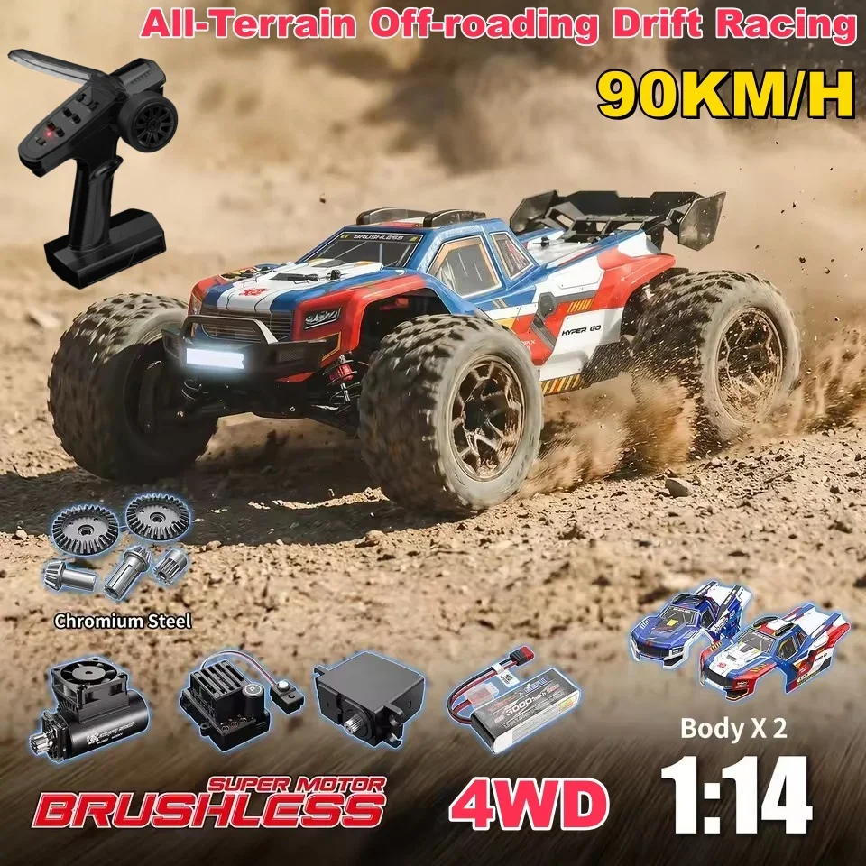 1:14 Dual Cover Brushless 90KM/H High Speed Remote Control Truck Car 200M Metal Transmission Off Road 4WD Drift Racing RC Car