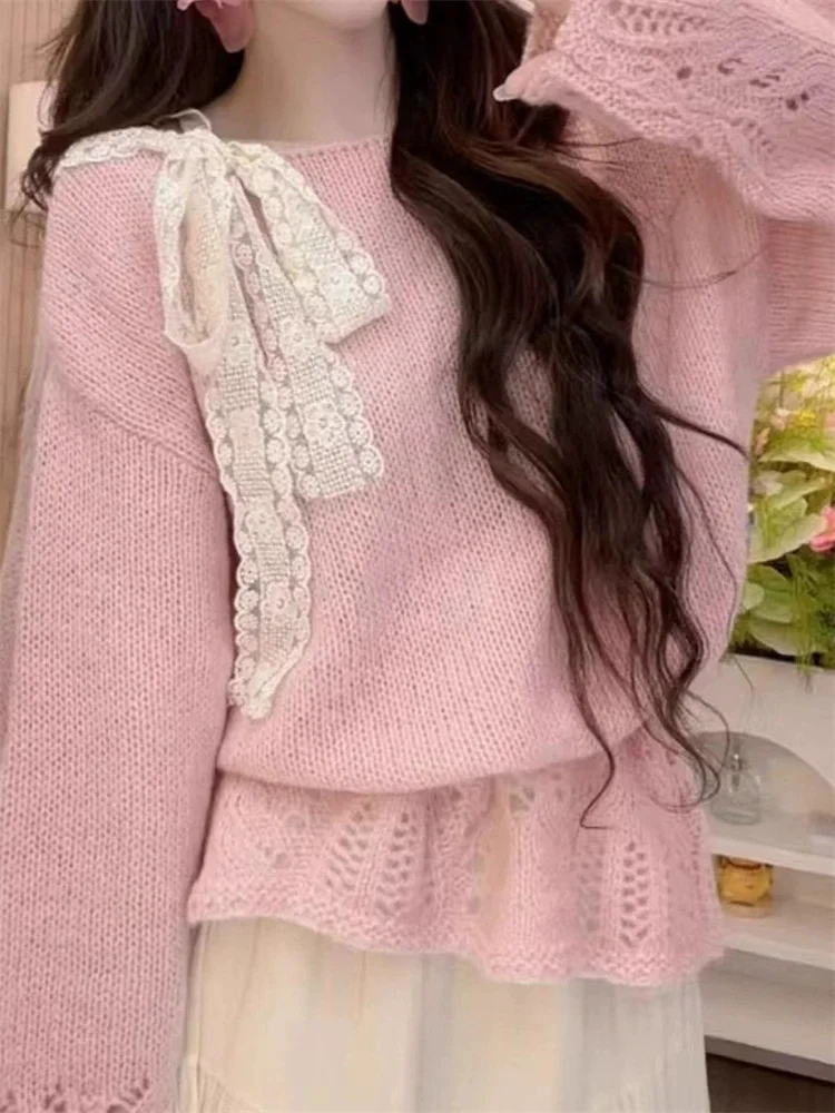 เสื้อสเวตเตอร์ถักแขนยาวแบบลำลองสำหรับผู้หญิง ฤดูใบไม้ผลิ/ฤดูใบไม้ร่วง 2025 ดีไซน์วินเทจทรงหลวมใหม่ แต่งลูกไม้ผูกโบว์หวานๆ