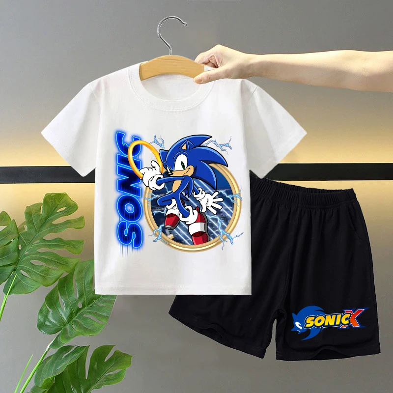 2pcs New Sonics T-shirt Shorts Set for Children Anime Cartoon Fashion Short Sleeved Shorts Suit Boys Girls Summer Clothes Suits