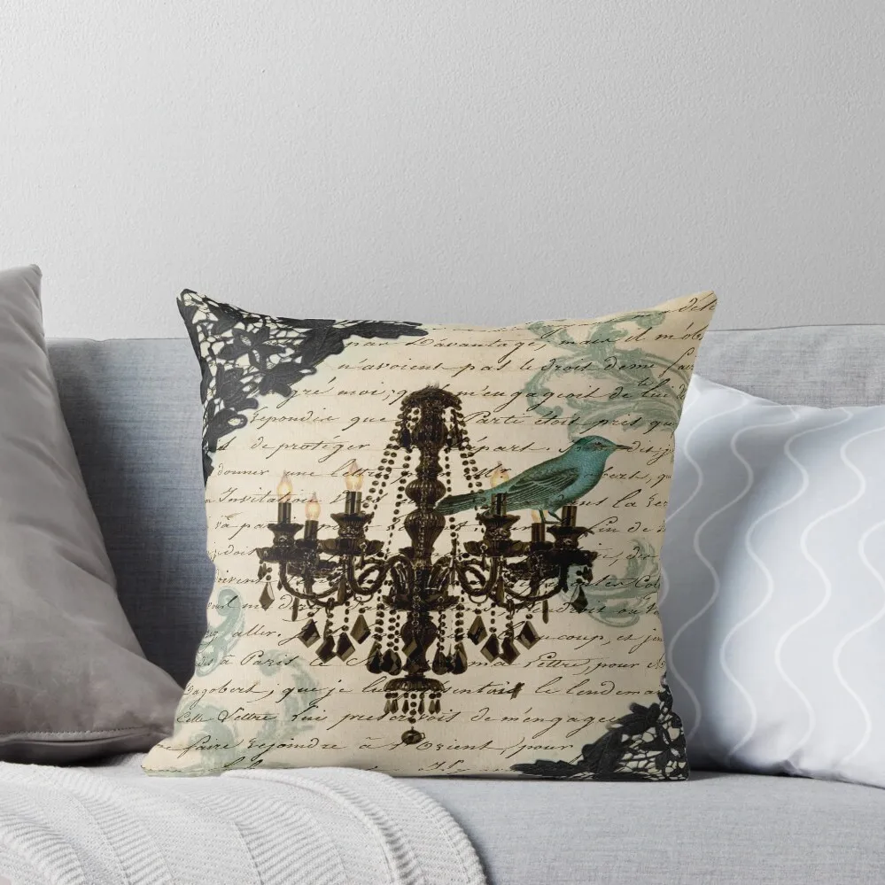 cottagecore vintage bird lace french scripts chandelier paris Throw Pillow New year luxury home accessories pillow