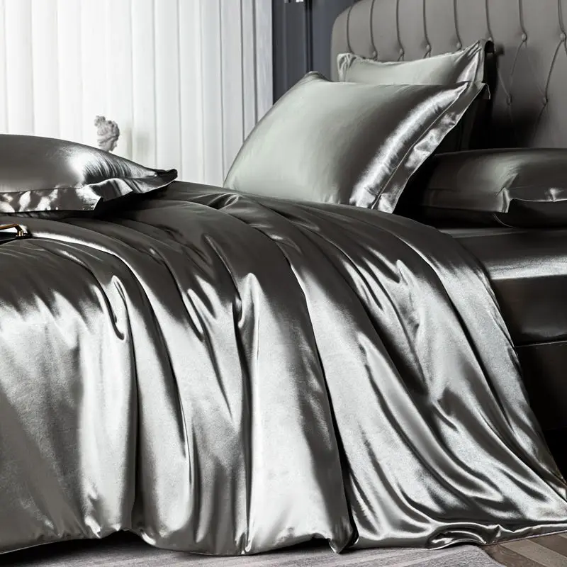 Pure Satin Silky Bedding Set Luxury Queen King Size Bed Set Quilt Duvet Cover Linens And Pillowcase For Single Double Bedclothes