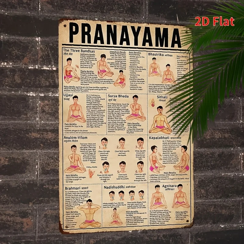 Vintage-Style Pranayama Yoga Guide Metal Wall Art -  Printed & Iron Sign with 9 Poses Breathing Techniques for Ho