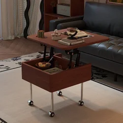 Multifunctional Household Lifting and Movable Table, Antique Style Solid Wood Storage Table, Small Side Table for Living Room