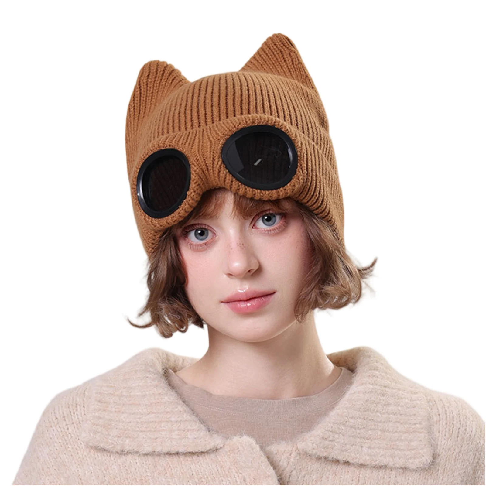 Men's and Women's Fall Winter Knitted Hats,Cute Cat Ear Knit Cap with Sunglasses,Fashion Flying Ski Hats,Warm Outdoor Beanies