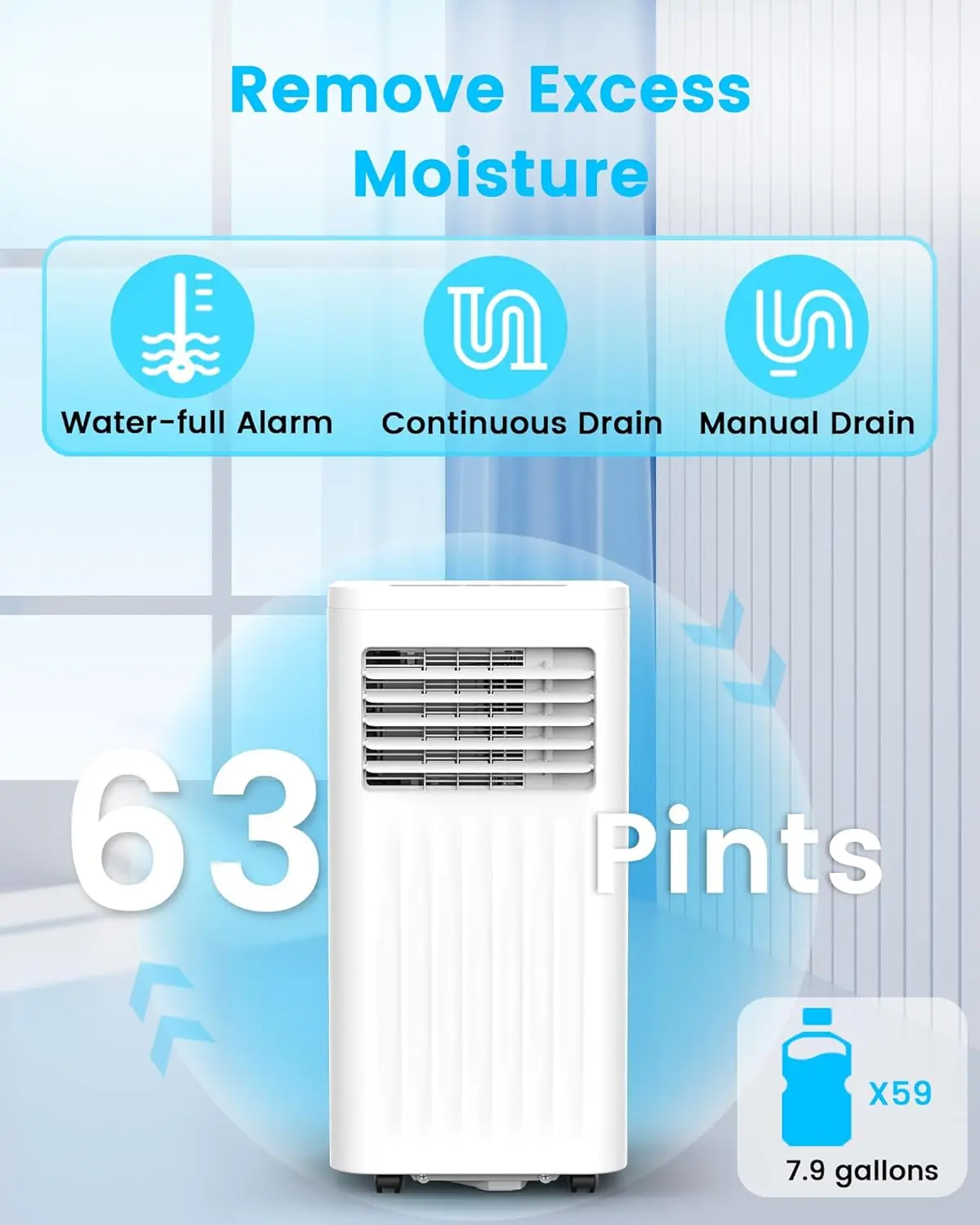 AC portabel 10000 BTU, AC portabel 4 Mode dengan pendingin, kipas, Dehumidifier & Mode tidur, pendinginan hingga