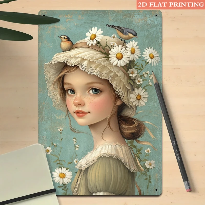 2D Flaches Vintage Gänseblümchen-Vogel Metallschild aus Eisen 20x30cm Retro Frühlings-Wanddekoration Plakette Flur Veranda Kunstposter Blechschild