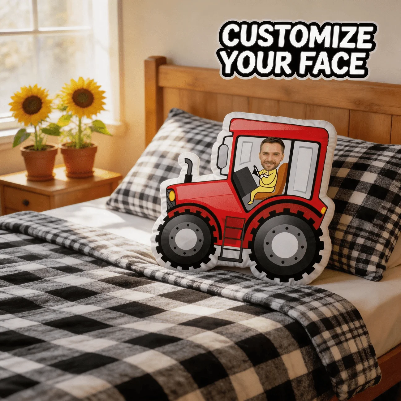 Custom Photo Tractor Shaped Pillow, Personalized Face in Red Vehicle Decorative Cushion, 70CM Novelty Accent Pillow for Sofa And