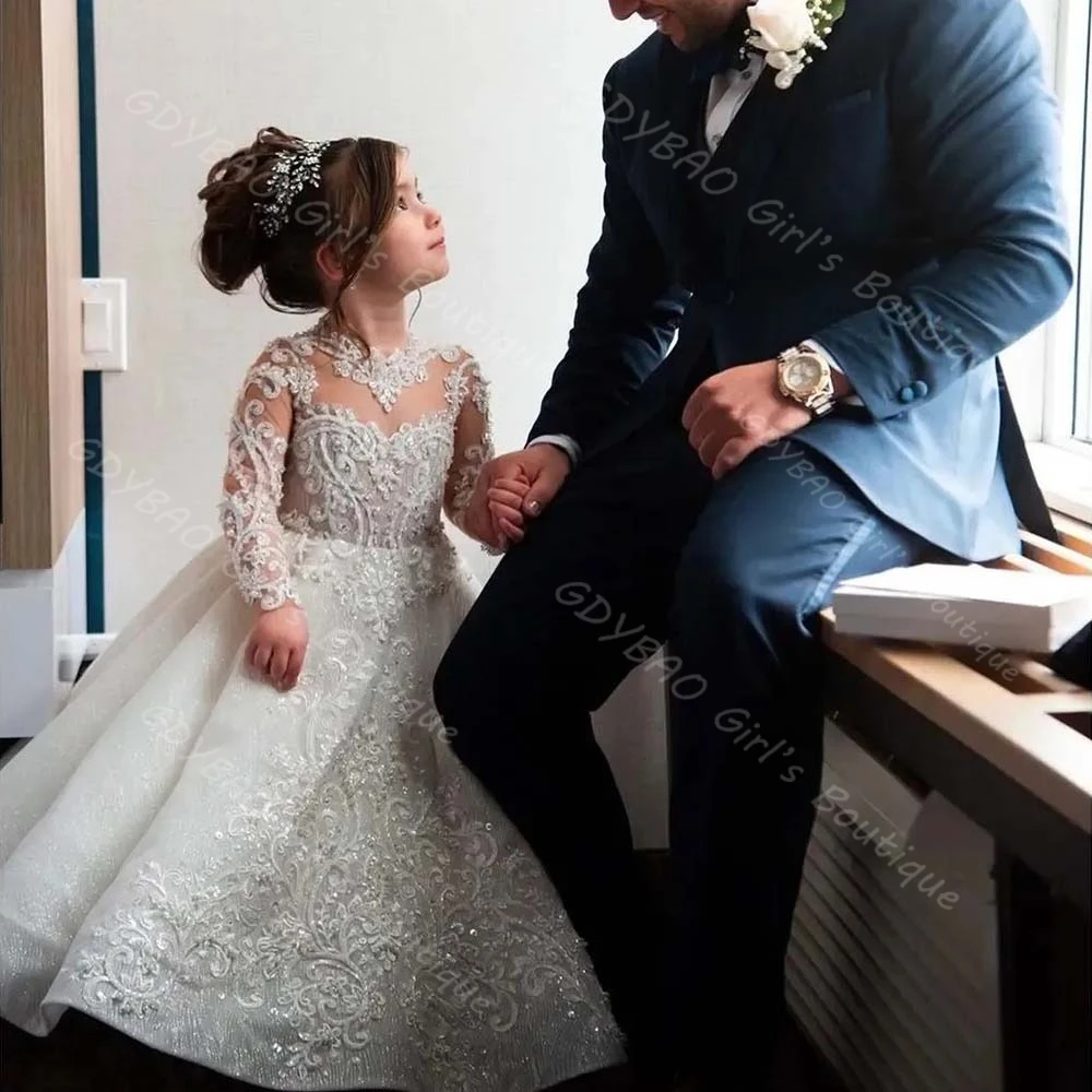 Vestido de niña de flores blanco para boda, Maxi tren con purpurina, lazo, apliques de encaje con cuentas, vestido de baile de primera comunión de princesa personalizado
