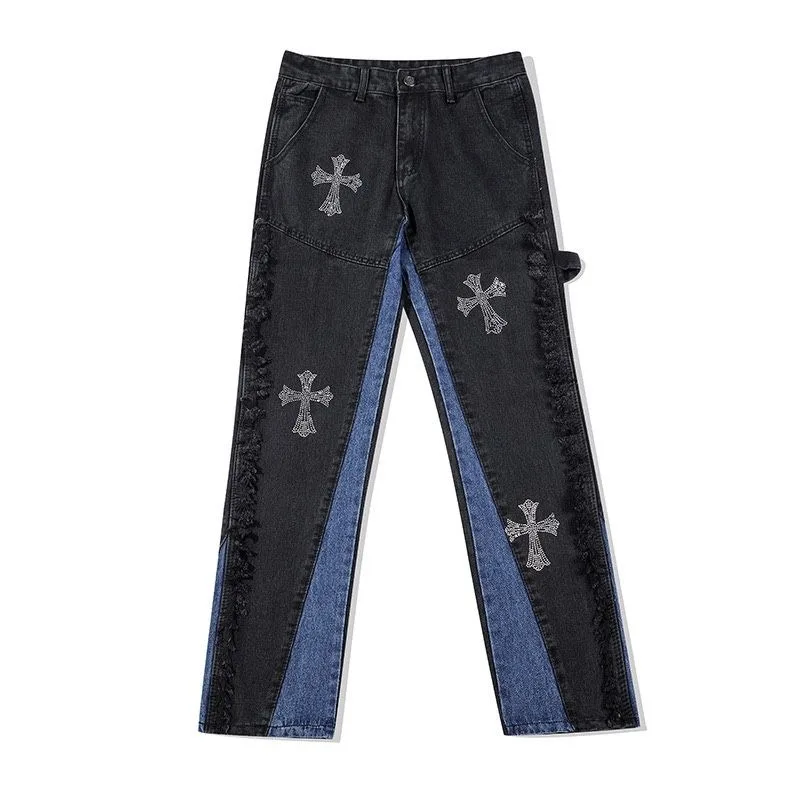 High Street Strass Cross Jeans Vrouw, Vintage Straight Leg Denim Broek Vibe Stiksels Contrast Kleur Beschadigde Bramen Broek