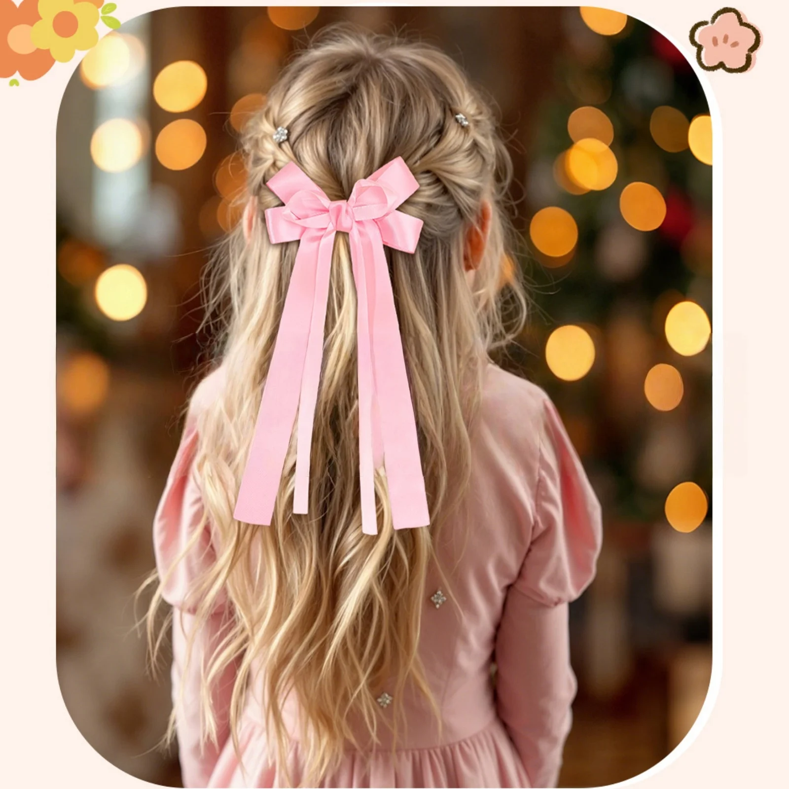 2pcs Long - Ribbon Bow Hair Clips for Girls, 4 - Piece Set in White, Pink, Beige & Burgundy, Sweet Hair Accessories for Kids
