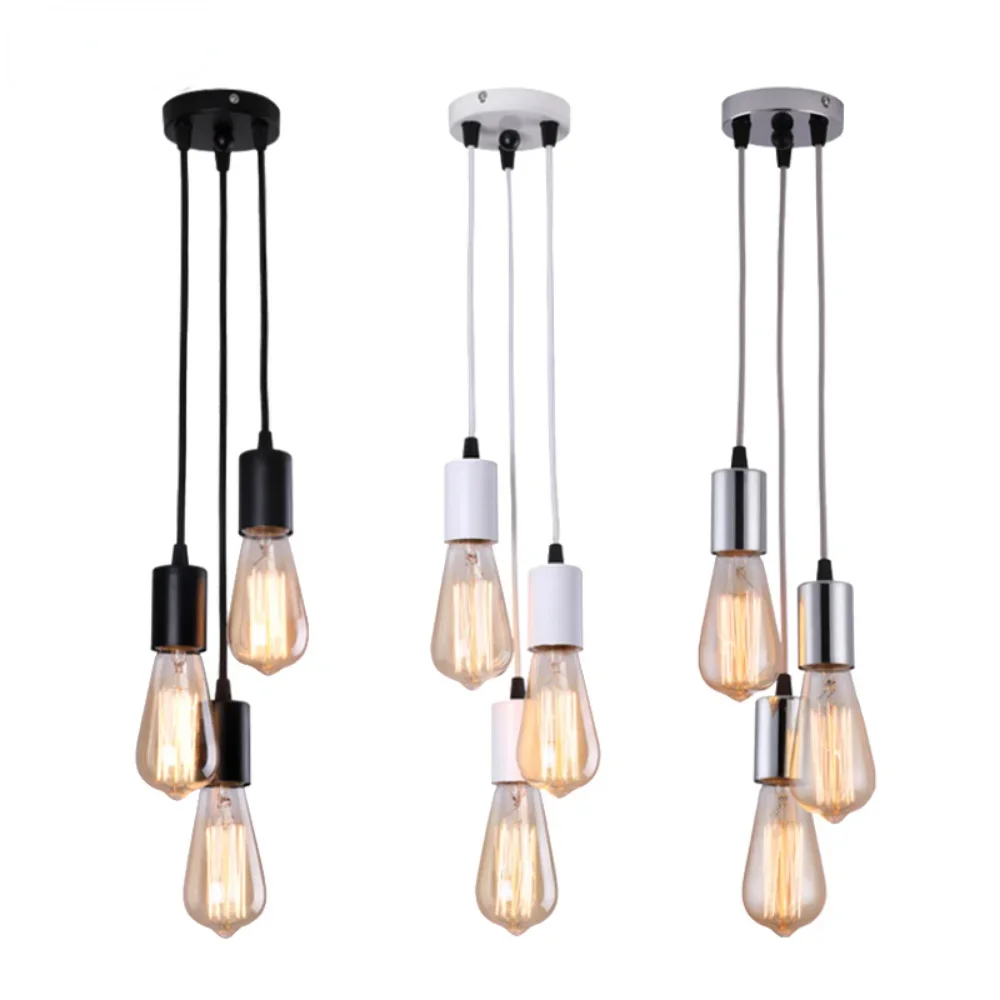 3 Heads Black White Silver Modern Simple Iron Chandelier Dining Room Aisle Vintage Industrial Style E27 Linear Pendant Lights