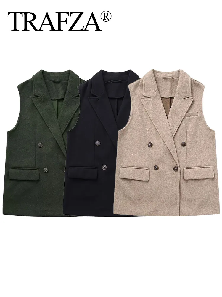 

TRAFZA Autumn Vests Woman 2024 Trendy Solid Turn-Down Collar Sleeveless Pockets Double Breasted Female Casual Waistcoats 3 Color