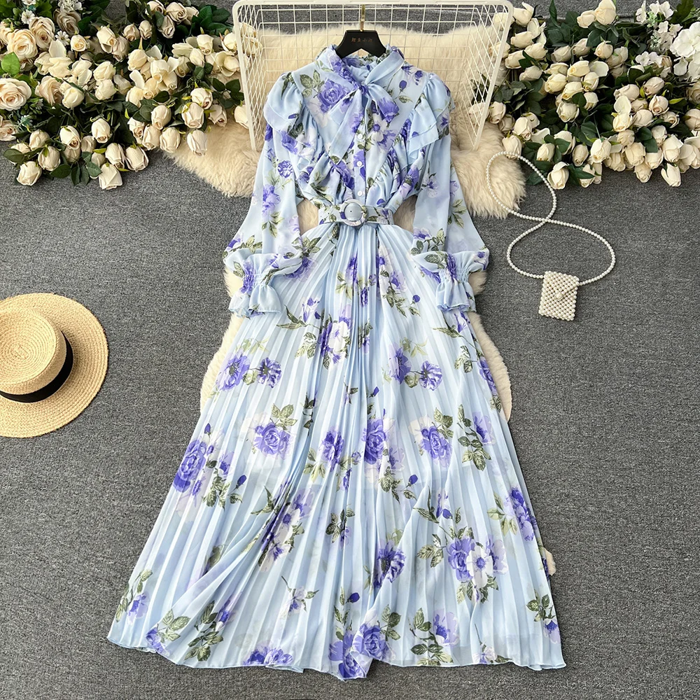 Croysier Holiday Dress Clothes For Women 2023 Long Sleeve Belted Vintage Print Dress V Neck Tie Ruffle Trim Chiffon Midi Dresses