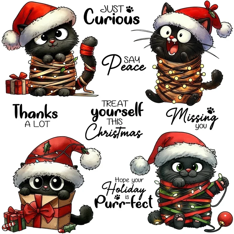 Suncraft Cute Christmas Black Cats Cutting Dies Clear Stamp DIY Scrapbooking Metal Dies Silicone Stamp For Cards Album Decor